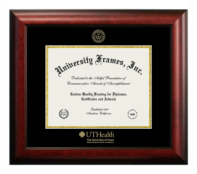 University of Texas Health Science Center at Houston Diploma Frame in Satin Mahogany with Black & Gold Mats for document: 8 1/2"h x 11"w  
