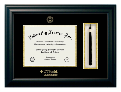 University of Texas Health Science Center at Houston Diploma with Tassel Box Frame in Satin Black with Black & Gold Mats for document: 8 1/2"h x 11"w  