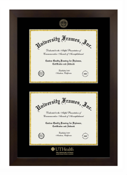 University of Texas Health Science Center at Houston Double Diploma Frame in Manhattan Espresso with Black & Gold Mats for document: 8 1/2"h x 11"w  , document: 8 1/2"h x 11"w  