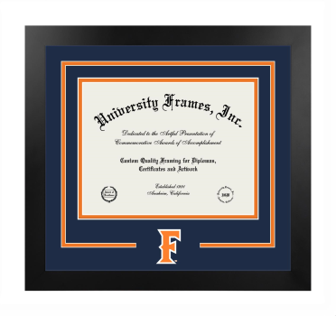 California State University, Fullerton Logo Mat Frame in Manhattan Black with Navy Blue & Light Orange Mats for document: 8 1/2"h x 11"w  
