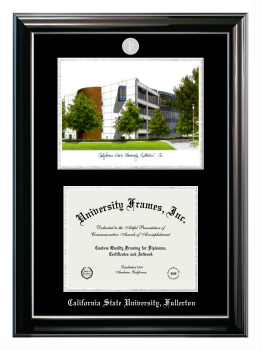 California State University, Fullerton Double Opening with Campus Image (Stacked) Frame in Classic Ebony with Silver Trim with Black & Silver Mats for document: 8 1/2"h x 11"w  