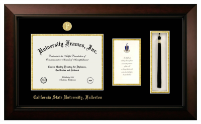 California State University, Fullerton Diploma with Announcement & Tassel Box Frame in Legacy Black Cherry with Black & Gold Mats for document: 8 1/2"h x 11"w  , diploma: 7"h x 4"w  