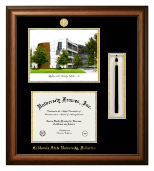 California State University, Fullerton Double Opening with Campus Image & Tassel Box (Stacked) Frame in Satin Walnut with Black & Gold Mats for document: 8 1/2"h x 11"w  