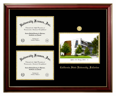 California State University, Fullerton Triple Opening with Campus Image Frame in Classic Mahogany with Gold Trim with Black & Gold Mats for document: 8 1/2"h x 11"w  , document: 8 1/2"h x 11"w  