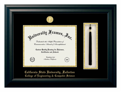 California State University, Fullerton College of Engineering & Computer Science Diploma with Tassel Box Frame in Satin Black with Black & Gold Mats for document: 8 1/2"h x 11"w  