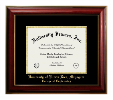 University of Puerto Rico, Mayagüez College of Engineering Diploma Frame in Classic Mahogany with Gold Trim with Black & Gold Mats for document: 8 1/2"h x 11"w  