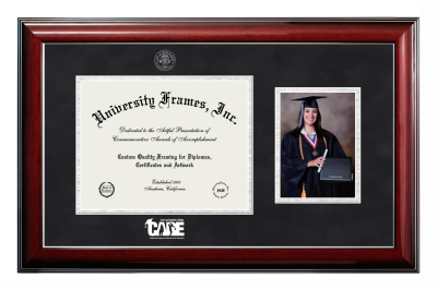 East Los Angeles College CARE Diploma with 5 x 7 Portrait Frame in Classic Mahogany with Silver Trim with Black Suede & Silver Mats for document: 8 1/2"h x 11"w  
