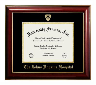 The Johns Hopkins Hospital Diploma Frame in Classic Mahogany with Gold Trim with Black & Gold Mats for document: 8 1/2"h x 11"w  