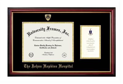 The Johns Hopkins Hospital Diploma with Announcement Frame in Petite Mahogany with Gold Trim with Black & Gold Mats for document: 8 1/2"h x 11"w  , diploma: 7"h x 4"w  