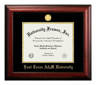 East Texas A&M University Diploma Frame in Satin Mahogany with Black & Gold Mats for document: 8 1/2"h x 11"w  