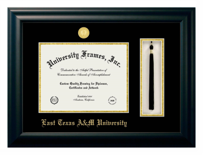 East Texas A&M University Diploma with Tassel Box Frame in Satin Black with Black & Gold Mats for document: 8 1/2"h x 11"w  