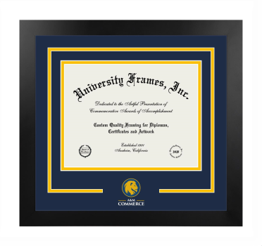 East Texas A&M University Logo Mat Frame in Manhattan Black with Navy Blue & Amber Mats for document: 8 1/2"h x 11"w  