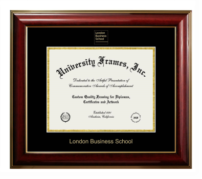 London Business School Diploma Frame in Classic Mahogany with Gold Trim with Black & Gold Mats for document: 8 1/2"h x 11"w  