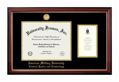 American Military University Criminal Justice and Criminology Diploma with Announcement Frame in Petite Mahogany with Gold Trim with Black & Gold Mats for document: 8 1/2"h x 11"w  , diploma: 7"h x 4"w  
