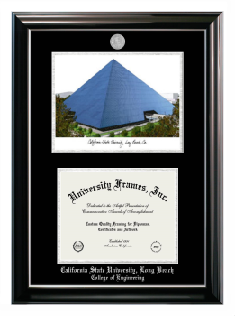 California State University, Long Beach College of Engineering Double Opening with Campus Image (Stacked) Frame in Classic Ebony with Silver Trim with Black & Silver Mats for document: 8 1/2"h x 11"w  