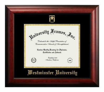 Westminster University (Salt Lake City) Diploma Frame in Satin Mahogany with Black & Gold Mats for document: 8 1/2"h x 11"w  