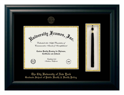 The City University of New York Graduate School of Public Health & Health Policy (CUNY) Diploma with Tassel Box Frame in Satin Black with Black & Gold Mats for document: 8 1/2"h x 11"w  