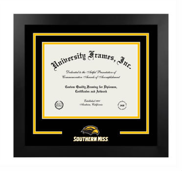 University of Southern Mississippi Logo Mat Frame in Manhattan Black with Black & Amber Mats for document: 8 1/2"h x 11"w  