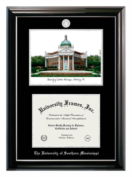 University of Southern Mississippi Double Opening with Campus Image (Stacked) Frame in Classic Ebony with Silver Trim with Black & Silver Mats for document: 8 1/2"h x 11"w  