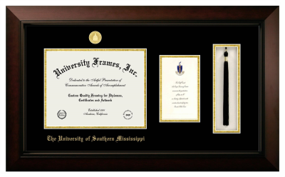 University of Southern Mississippi Diploma with Announcement & Tassel Box Frame in Legacy Black Cherry with Black & Gold Mats for document: 8 1/2"h x 11"w  , diploma: 7"h x 4"w  