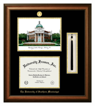 University of Southern Mississippi Double Opening with Campus Image & Tassel Box (Stacked) Frame in Satin Walnut with Black & Gold Mats for document: 8 1/2"h x 11"w  