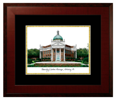 University of Southern Mississippi Lithograph Only Frame in Honors Mahogany with Black & Gold Mats