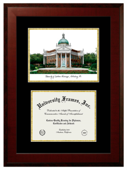 University of Southern Mississippi Double Opening with Campus Image (Unimprinted Mat) Frame in Honors Mahogany with Black & Gold Mats for document: 8 1/2"h x 11"w  