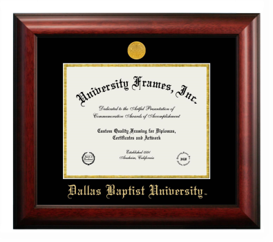 Dallas Baptist University Diploma Frame in Satin Mahogany with Black & Gold Mats for document: 8 1/2"h x 11"w  