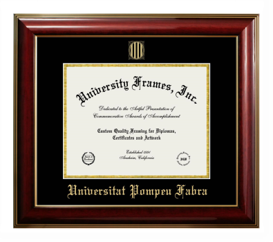 Universitat Pompeu Fabra Diploma Frame in Classic Mahogany with Gold Trim with Black & Gold Mats for document: 8 1/2"h x 11"w  