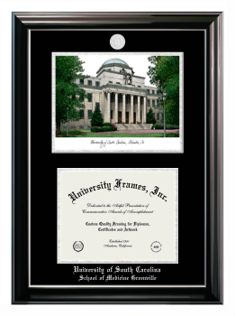 University of South Carolina School of Medicine Greenville Double Opening with Campus Image (Stacked) Frame in Classic Ebony with Silver Trim with Black & Silver Mats for document: 8 1/2"h x 11"w  