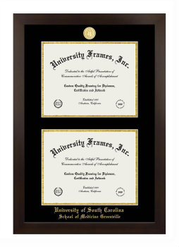 University of South Carolina School of Medicine Greenville Double Diploma Frame in Manhattan Espresso with Black & Gold Mats for document: 8 1/2"h x 11"w  , document: 8 1/2"h x 11"w  