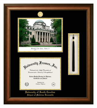 University of South Carolina School of Medicine Greenville Double Opening with Campus Image & Tassel Box (Stacked) Frame in Satin Walnut with Black & Gold Mats for document: 8 1/2"h x 11"w  