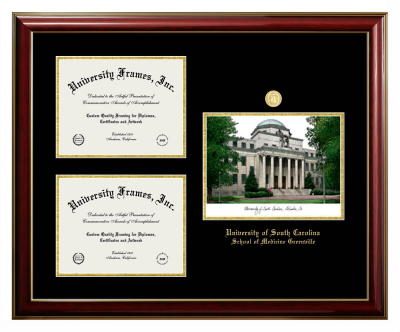 University of South Carolina School of Medicine Greenville Triple Opening with Campus Image Frame in Classic Mahogany with Gold Trim with Black & Gold Mats for document: 8 1/2"h x 11"w  , document: 8 1/2"h x 11"w  