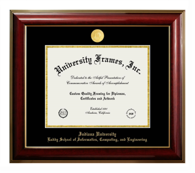 Indiana University Luddy School of Informatics, Computing, and Engineering Diploma Frame in Classic Mahogany with Gold Trim with Black & Gold Mats for document: 8 1/2"h x 11"w  