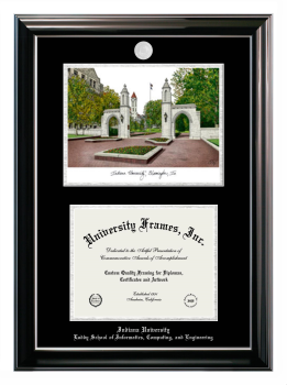 Indiana University Luddy School of Informatics, Computing, and Engineering Double Opening with Campus Image (Stacked) Frame in Classic Ebony with Silver Trim with Black & Silver Mats for document: 8 1/2"h x 11"w  