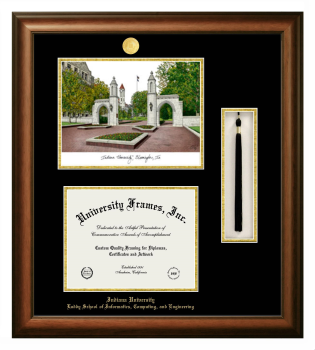 Indiana University Luddy School of Informatics, Computing, and Engineering Double Opening with Campus Image & Tassel Box (Stacked) Frame in Satin Walnut with Black & Gold Mats for document: 8 1/2"h x 11"w  