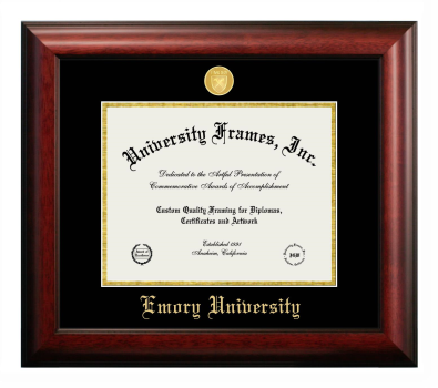 Emory University Diploma Frame in Satin Mahogany with Black & Gold Mats for document: 8 1/2"h x 11"w  