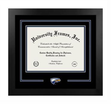 Emory University Logo Mat Frame in Manhattan Black with Black & Navy Blue Mats for document: 8 1/2"h x 11"w  
