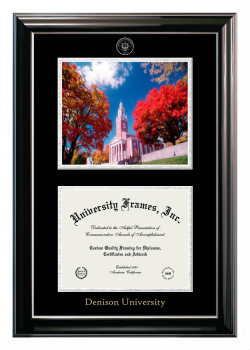 Denison University Double Opening with Campus Image (Stacked) Frame in Classic Ebony with Silver Trim with Black & Silver Mats for document: 8 1/2"h x 11"w  