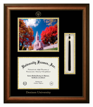 Denison University Double Opening with Campus Image & Tassel Box (Stacked) Frame in Satin Walnut with Black & Gold Mats for document: 8 1/2"h x 11"w  