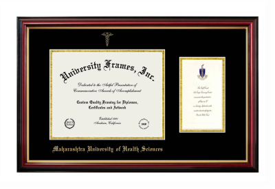 Maharashtra University of Health Sciences Diploma with Announcement Frame in Petite Mahogany with Gold Trim with Black & Gold Mats for document: 8 1/2"h x 11"w  , diploma: 7"h x 4"w  