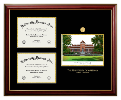 University of Arizona Summa Cum Laude Triple Opening with Campus Image Frame in Classic Mahogany with Gold Trim with Black & Gold Mats for document: 8 1/2"h x 11"w  , document: 8 1/2"h x 11"w  
