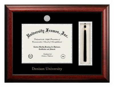 Denison University Diploma with Tassel Box Frame in Satin Mahogany with Black & Silver Mats for document: 8 1/2"h x 11"w  