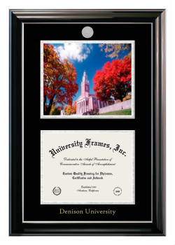 Denison University Double Opening with Campus Image (Stacked) Frame in Classic Ebony with Silver Trim with Black & Silver Mats for document: 8 1/2"h x 11"w  