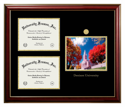 Denison University Triple Opening with Campus Image Frame in Classic Mahogany with Gold Trim with Black & Gold Mats for document: 8 1/2"h x 11"w  , document: 8 1/2"h x 11"w  