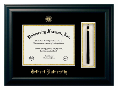 Trident University Diploma with Tassel Box Frame in Satin Black with Black & Gold Mats for document: 8 1/2"h x 11"w  