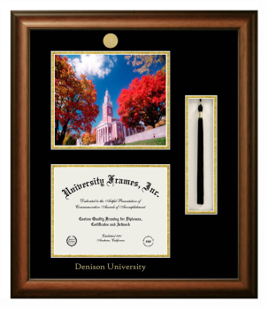 Denison University Double Opening with Campus Image & Tassel Box (Stacked) Frame in Satin Walnut with Black & Gold Mats for  8 1/2"h x 11"w  