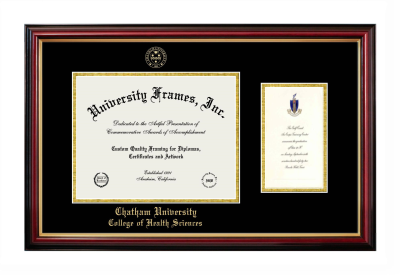 Chatham University College of Health Sciences Diploma with Announcement Frame in Petite Mahogany with Gold Trim with Black & Gold Mats for document: 8 1/2"h x 11"w  , diploma: 7"h x 4"w  