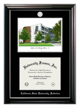 California State University, Fullerton Double Opening with Campus Image (Stacked) Frame in Classic Ebony with Silver Trim with Black & Silver Mats for  8 1/2"h x 11"w  