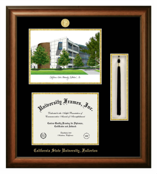 California State University, Fullerton Double Opening with Campus Image & Tassel Box (Stacked) Frame in Satin Walnut with Black & Gold Mats for  8 1/2"h x 11"w  